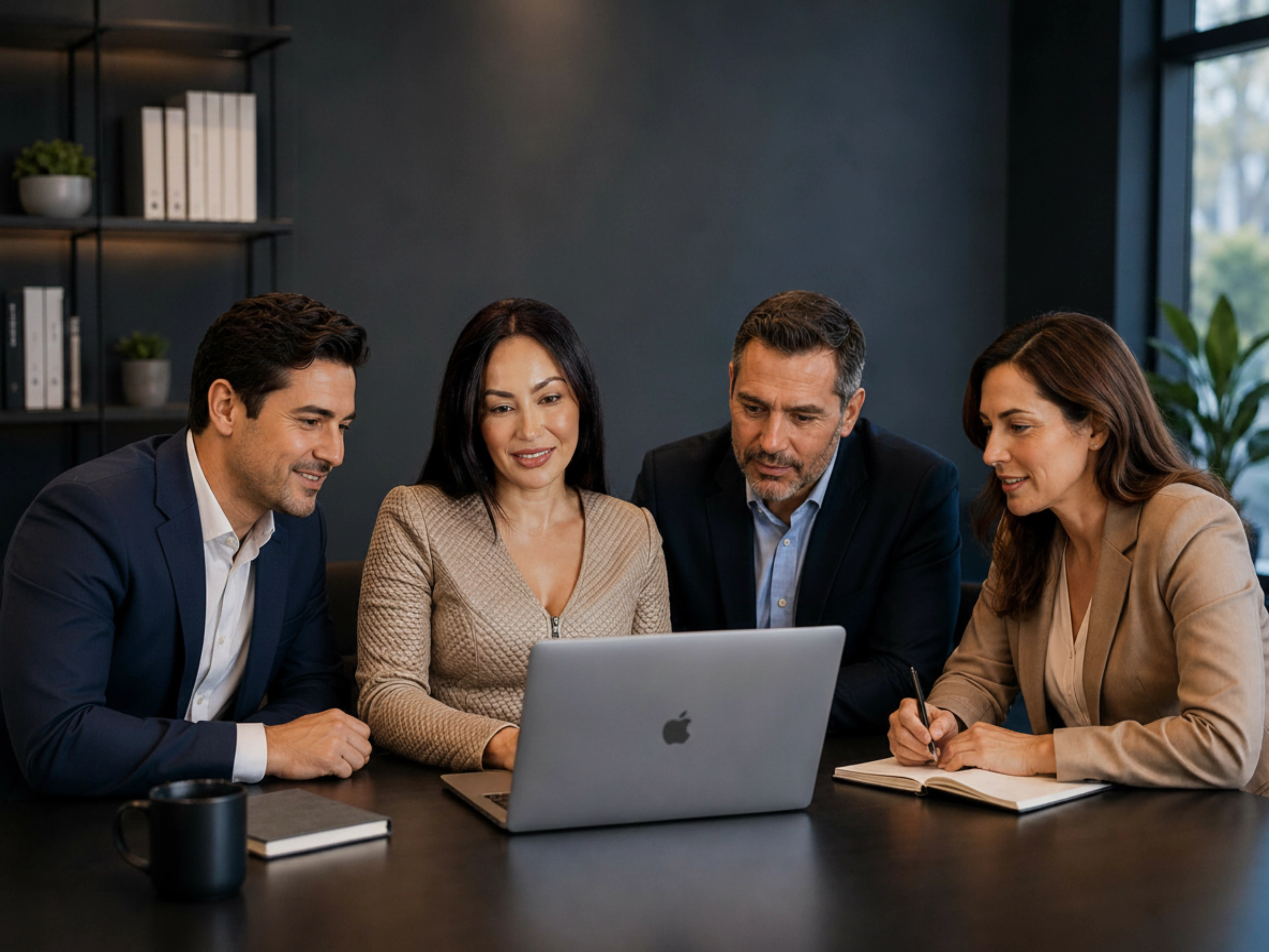 Equipo ejecutivo revisando perfiles de LinkedIn como parte de una estrategia de reputación digital, liderazgo visible y crecimiento B2B