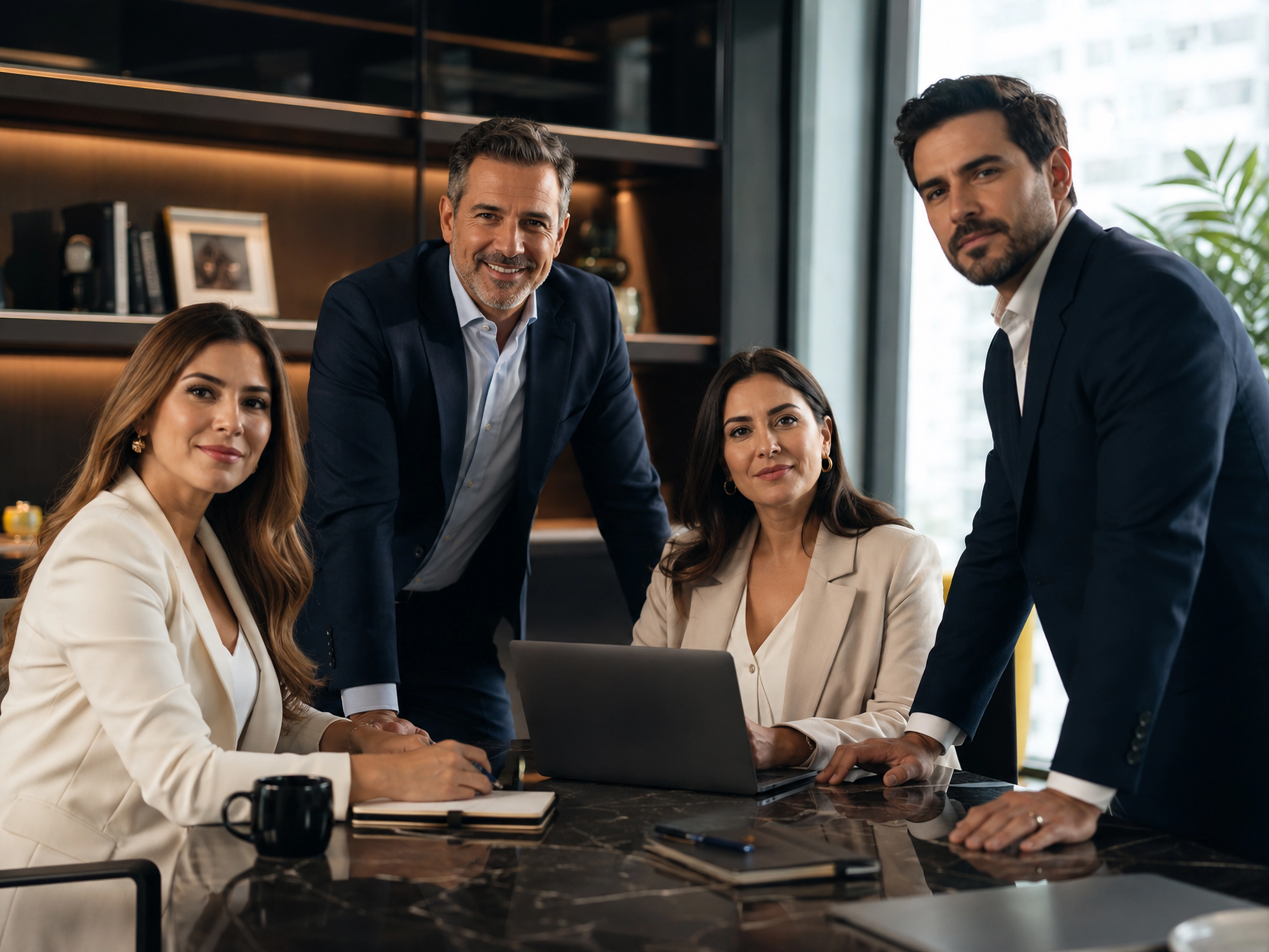 Líderes ejecutivos latinos reunidos en una oficina moderna proyectando autoridad, liderazgo visible y credibilidad profesional