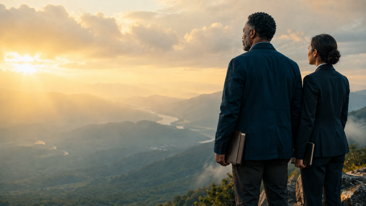 Two pastors overlooking a peaceful mountain landscape
