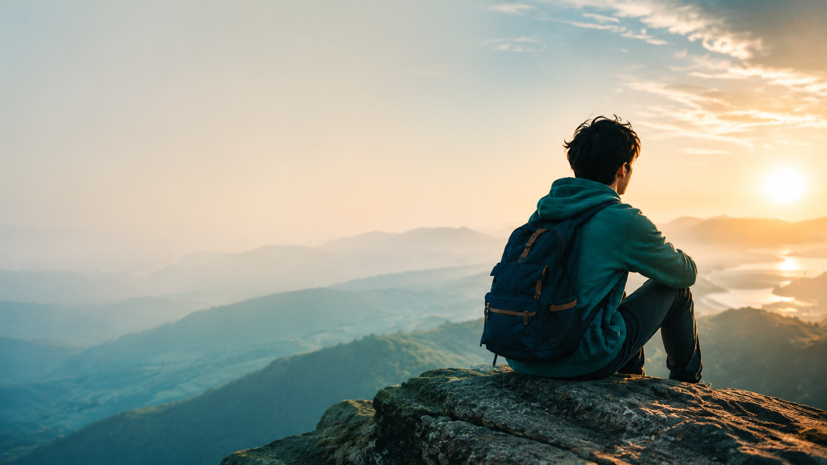 A young person overlooking a mountain landscape
