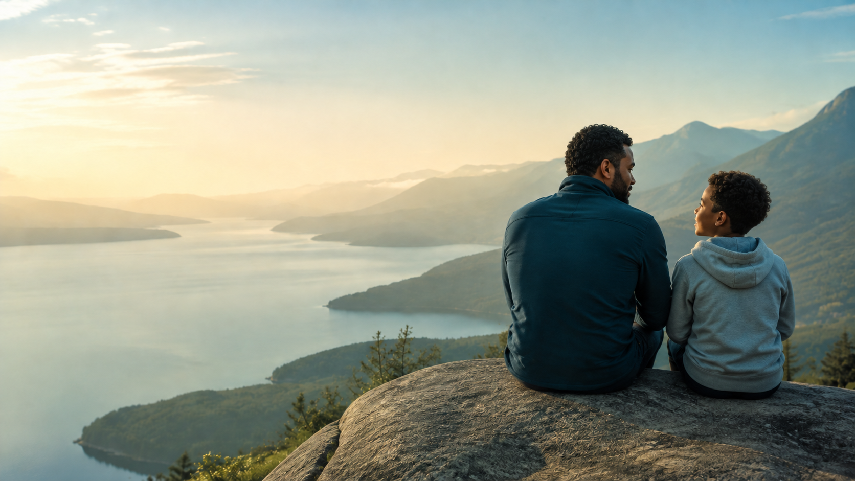 A father and son overlooking a peaceful landscape