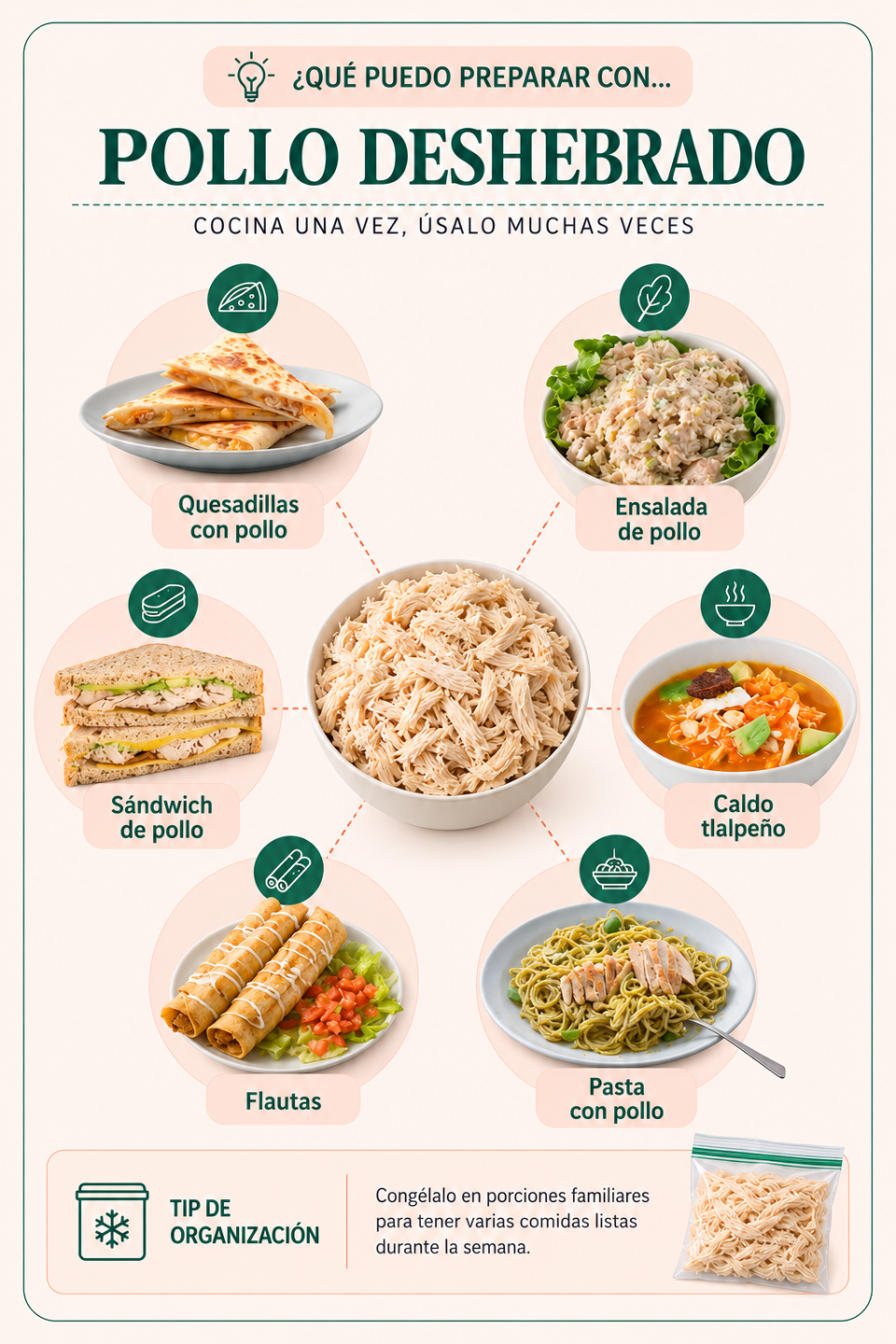 Qué puedo preparar con pollo deshebrado: quesadillas, ensalada, sándwich, caldo tlalpeño, flautas y pasta
