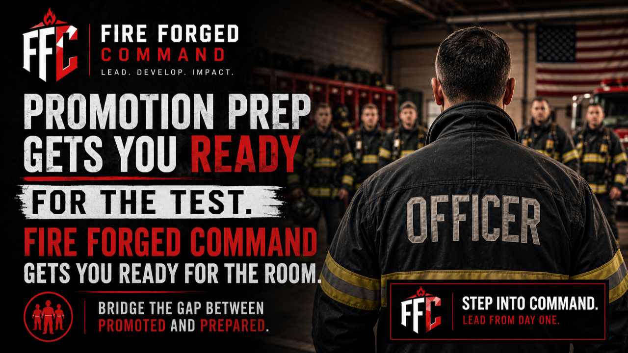 Fire officer facing a crew inside a firehouse, representing leadership readiness beyond promotion prep