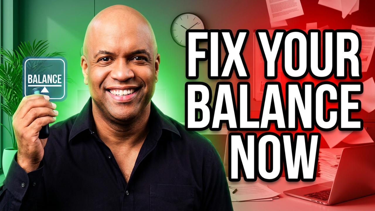 Workplace mental health speaker Mike Veny smiling confidently in a black button-down shirt while holding a small blue and green sign labeled 'BALANCE' with an upward-pointing arrow. Large, bold white text with thick black outlines reads 'FIX YOUR BALANCE NOW' across the right side of the image. The background is split into two contrasting environments. On the left, calming green lighting, a leafy indoor plant, and an organized office atmosphere represent emotional wellness, healthy boundaries, and improved work-life balance. On the right, intense red lighting, scattered paperwork, documents pinned to the wall, and an open laptop illustrate workplace stress, overwhelming responsibilities, and potential burnout. A wall clock appears behind Mike Veny, emphasizing time management and the challenges of balancing professional and personal responsibilities. The contrasting green and red colors visually communicate the difference between managing stress effectively and feeling overwhelmed by work. The thumbnail promotes practical work-life balance strategies, workplace stress management, burnout prevention, intentional energy management, and healthier daily habits.