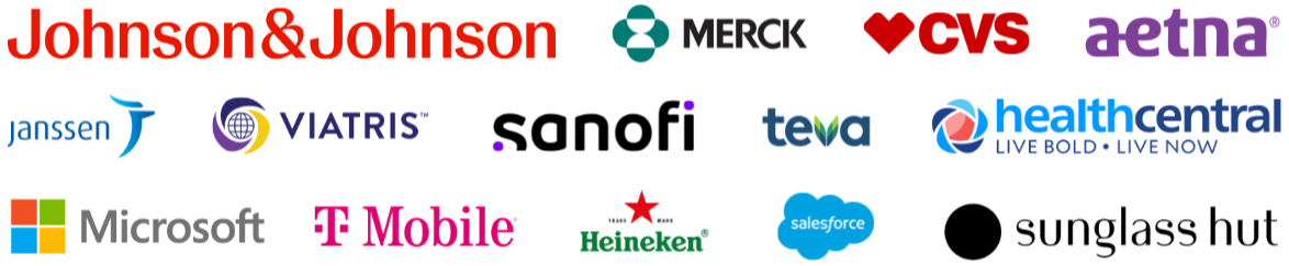 Logo graphic highlighting Mike Veny’s experience as a mental health motivational keynote speaker, featuring client logos for Johnson & Johnson, Merck, CVS, Aetna, Janssen, Viatris, Sanofi, Teva, HealthCentral, Microsoft, T-Mobile, Heineken, Salesforce, and Sunglass Hut.