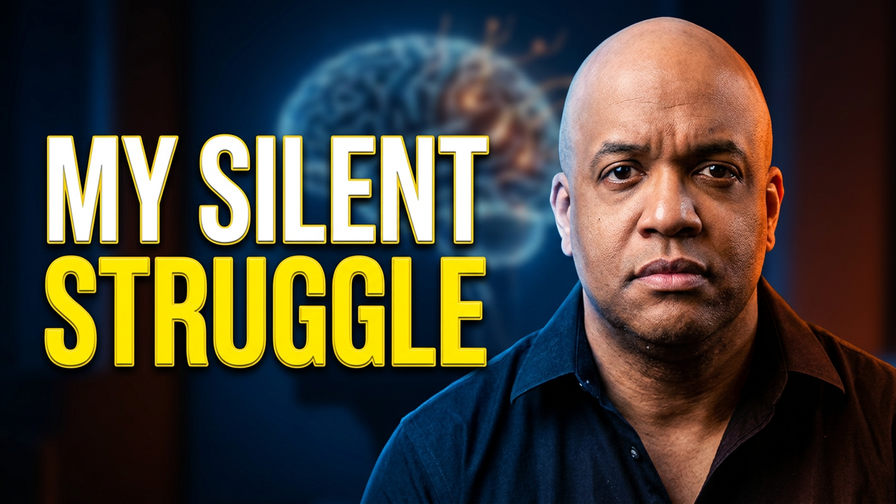 Mike Veny in a close-up portrait on the right side, wearing a dark navy collared shirt and looking directly at the camera with a serious, reflective expression. On the left, large bold text reads “MY SILENT STRUGGLE,” with “MY SILENT” in white and “STRUGGLE” in bright yellow. A blurred illustration of a human brain appears in the dark blue background behind Mike and the text, with subtle warm orange lighting around the edges. The dramatic design conveys a personal story about mental health, depression, and an internal struggle.