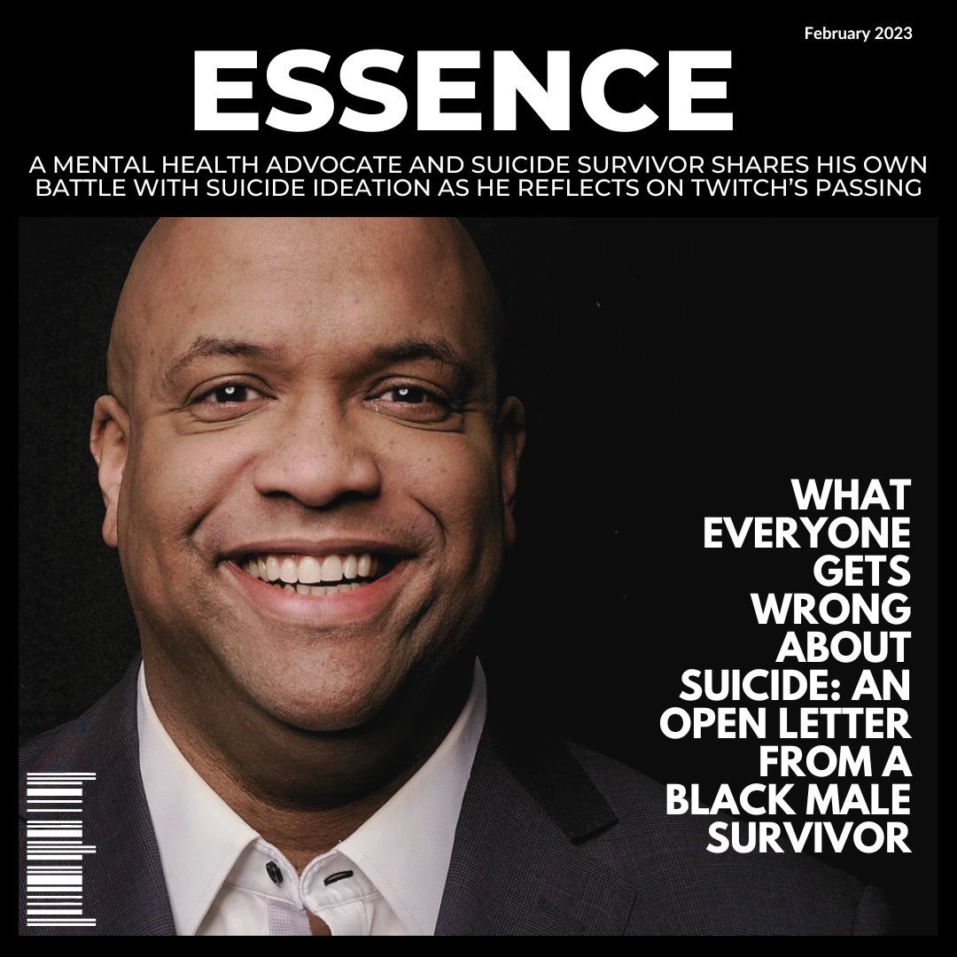 ESSENCE February 2023 magazine-style feature image of Mike Veny, one of the top mental health influencers, smiling in a professional portrait beside bold text about suicide prevention, mental health advocacy, suicide ideation, and his perspective as a Black male suicide survivor.