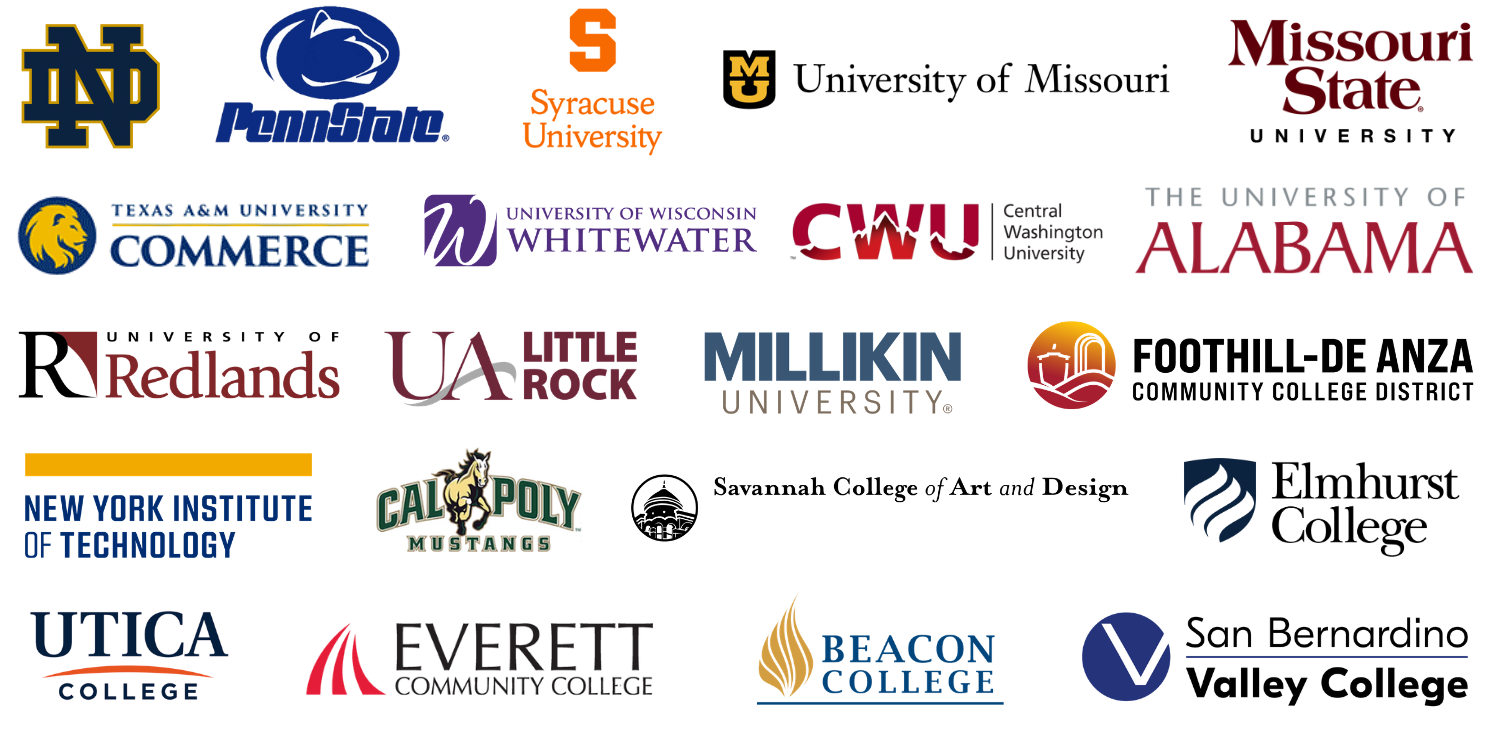 Collage of college and university client logos representing Mike Veny’s experience as a mental health speaker for college students. Featured institutions include Notre Dame, Penn State, Syracuse University, Missouri State University, Texas A&M University-Commerce, the University of Wisconsin-Whitewater, Central Washington University, the University of Alabama, the University of Redlands, UA Little Rock, Millikin University, New York Institute of Technology, Cal Poly, Utica College, Everett Community College, and Beacon College.