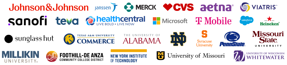A wide collage of client and university logos arranged in four rows on a black background. Featured corporate, healthcare, and pharmaceutical organizations include Johnson & Johnson, Janssen, Merck, CVS, Aetna, Viatris, Teva, HealthCentral, Microsoft, T-Mobile, Salesforce, and Heineken. Higher education logos include Texas A&M University-Commerce, The University of Alabama, the University of Notre Dame, Syracuse University, Penn State, Missouri State University, Millikin University, New York Institute of Technology, the University of Missouri, and the University of Wisconsin–Whitewater.