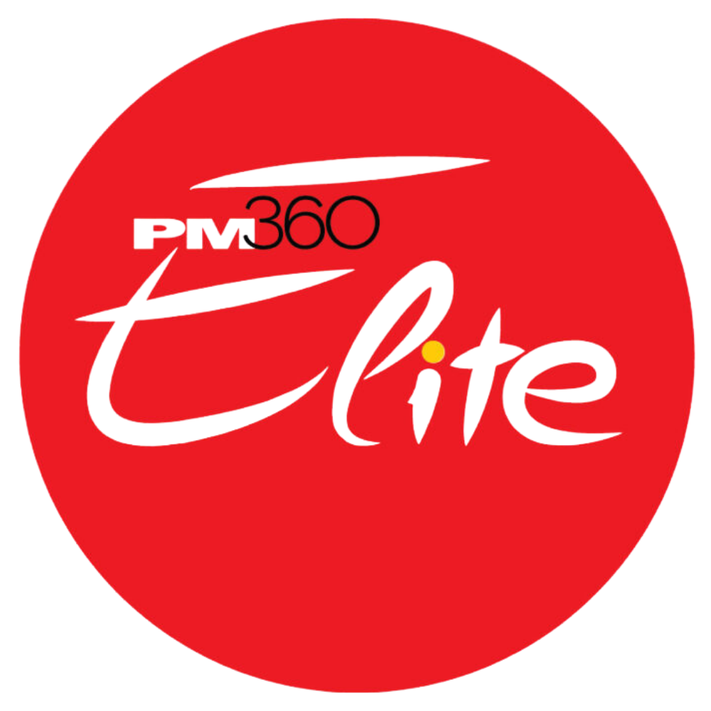 Red circular PM360 ELITE Award logo featuring “PM360” in black above the word “Elite” in large, stylized black script, with a yellow dot over the letter “i.”