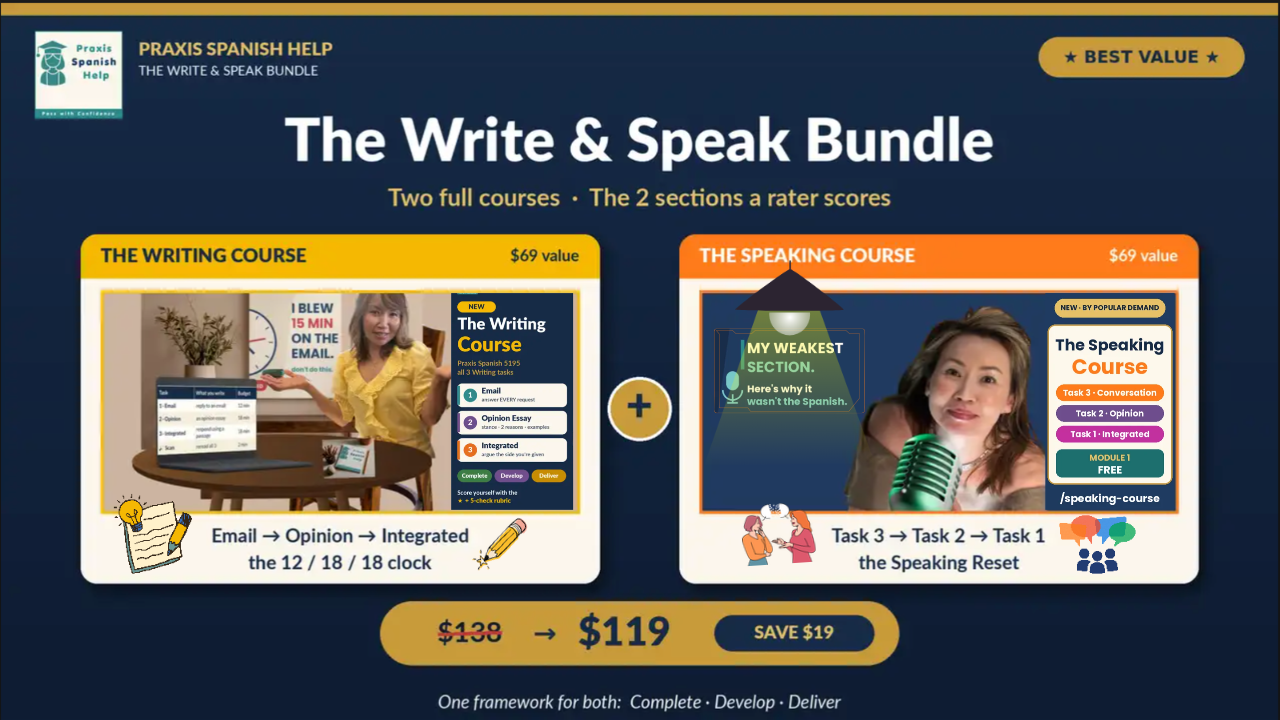 The Write & Speak Bundle: The Writing Course plus The Speaking Course for the Praxis Spanish 5195
