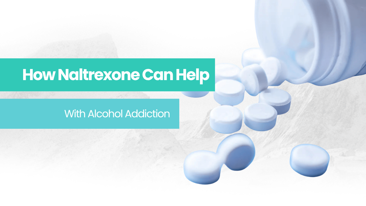 Naltrexone pills are pouring out of a white bottle