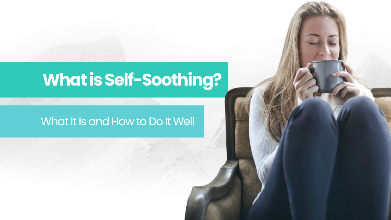 A woman is sitting in a chair drinking a cup of coffee Self-Soothing