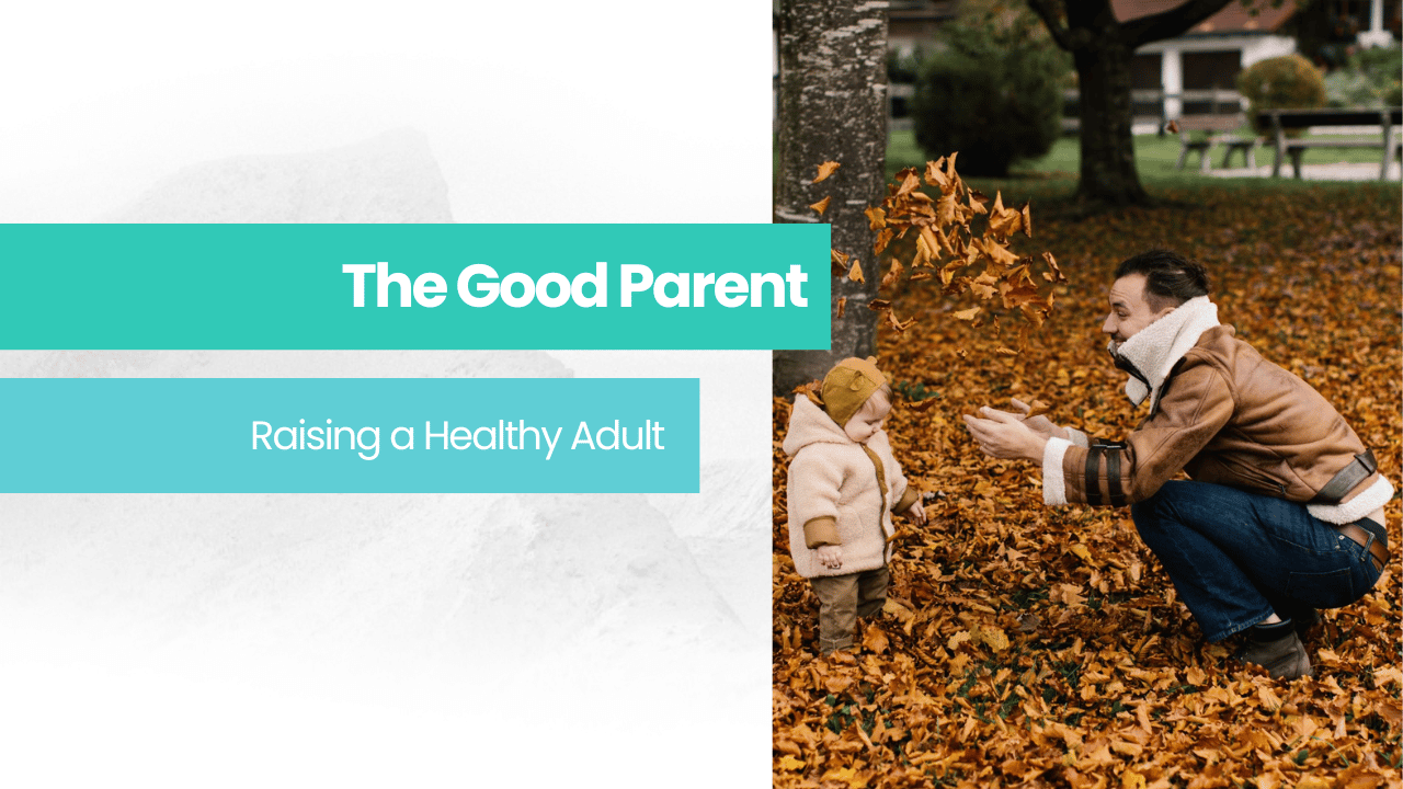 A man and a child are playing with leaves in a park.