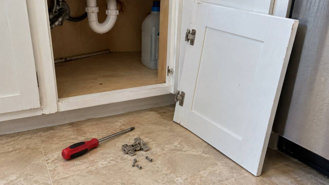 Detached kitchen cabinet door with a screwdriver, hinge and screws during a home repair.
