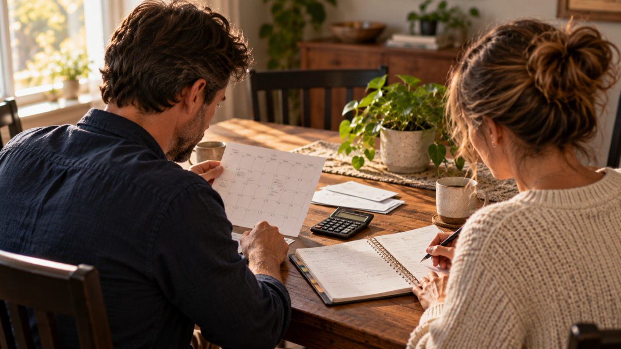 A couple reviewing a calendar and household expenses at a sunlit dining table.