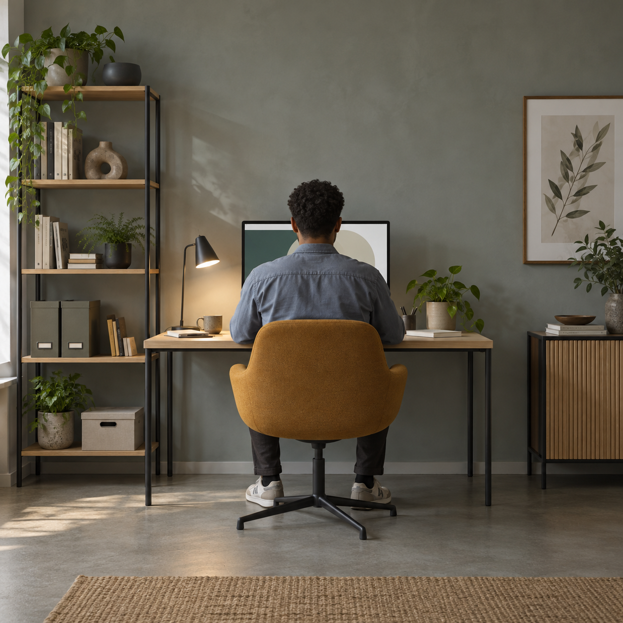 A person working at a desk in a calm home office, viewed from behind.