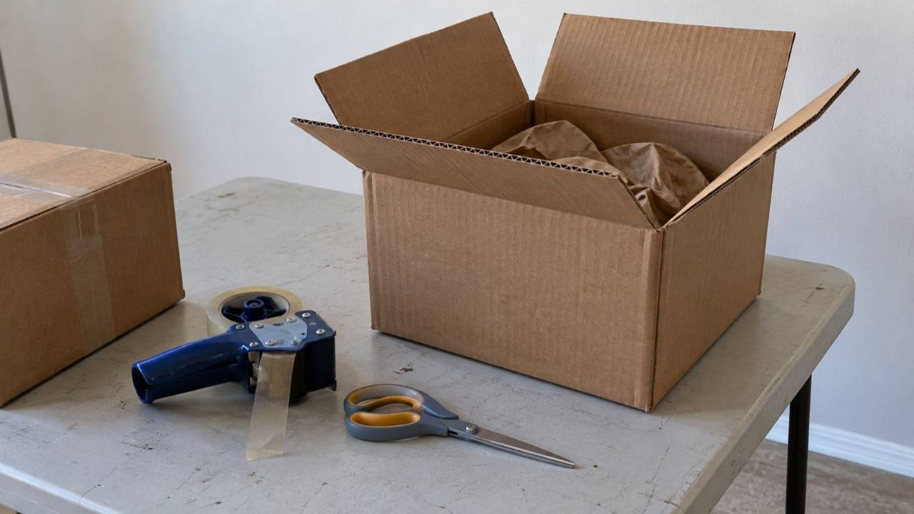 Cardboard shipping boxes, packing tape and scissors on a home work table.