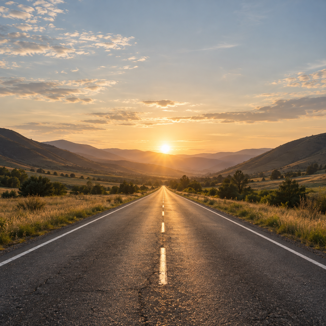 A quiet road leading through rolling hills toward a warm sunset.