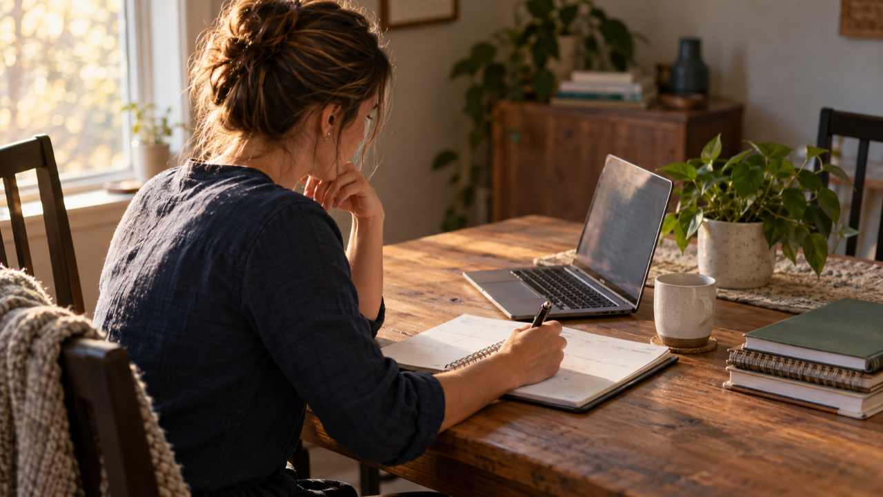 A teacher reviewing a planner beside a laptop at a sunlit home table.