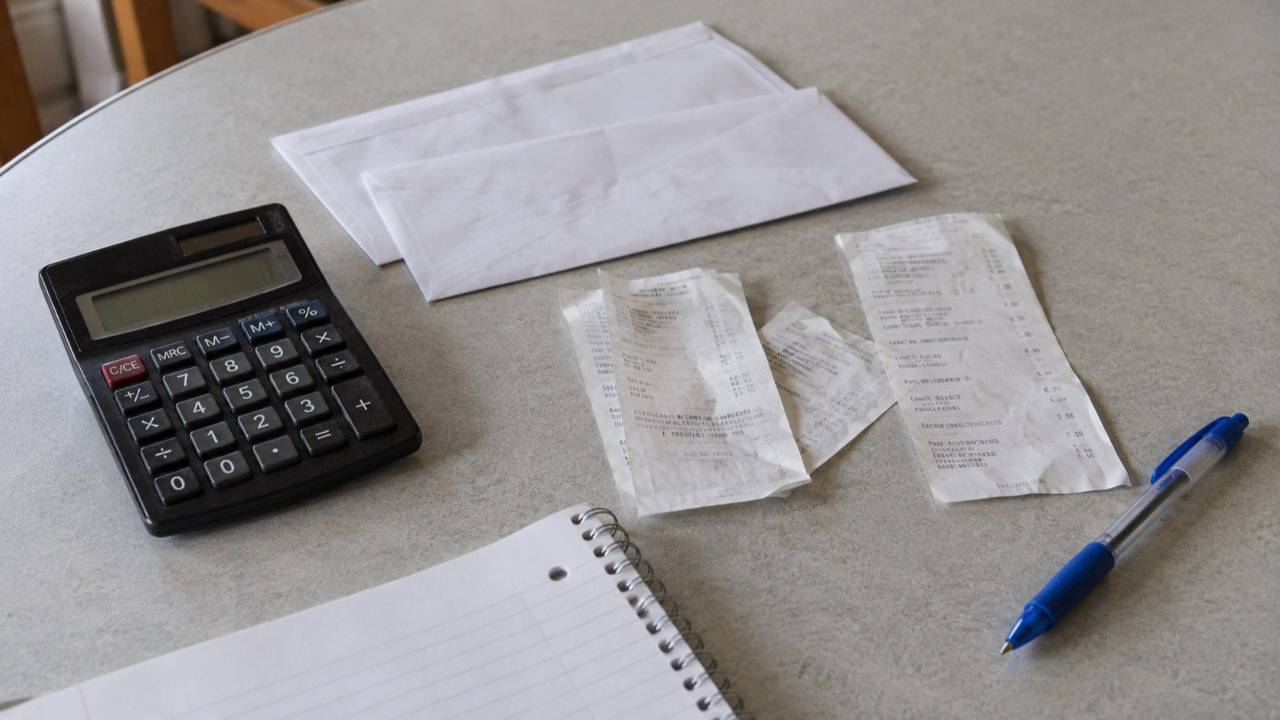 Calculator, grocery receipts, envelopes and a notebook on a kitchen table.