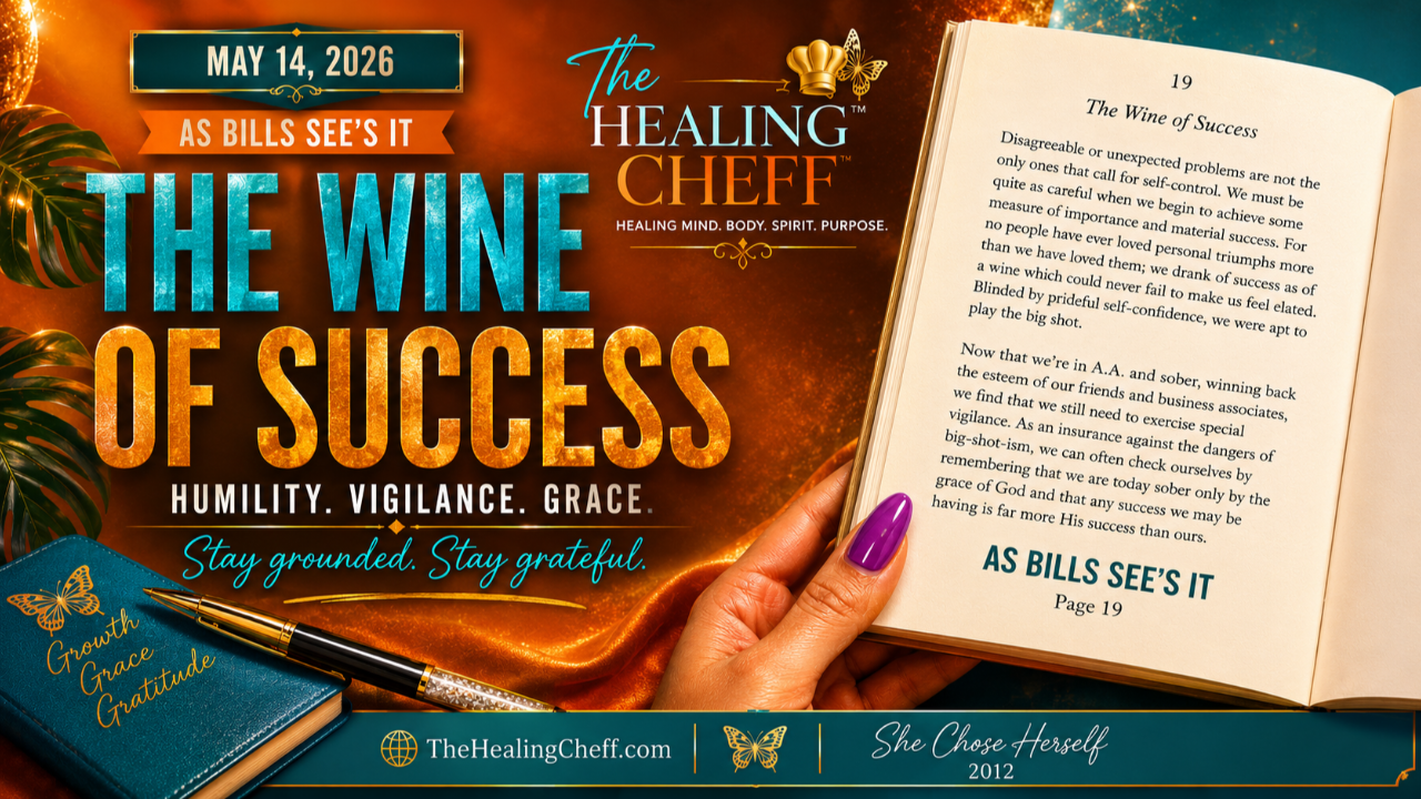 Luxury graphic inspired by As Bill Sees It Page 19, “The Wine of Success,” featuring bold turquoise and orange typography, an open recovery book held by a hand with purple nails, elegant gold accents, and The Healing Cheff branding. The image emphasizes humility, vigilance, grace, emotional sobriety, gratitude, and spiritual grounding in recovery.
