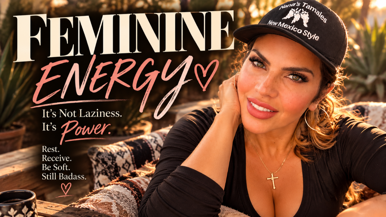 Michelle Ann in a Nana's Tamales cap with the words Feminine Energy, It's Not Laziness, It's Power, promoting feminine healing, rest, self love, and a softer life.