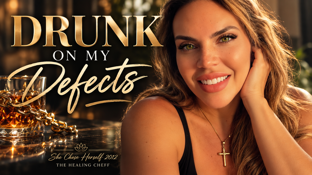 Luxury gold and black portrait of The Healing Cheff with the title “Drunk on My Defects,” symbolizing emotional sobriety, freedom from addiction, spiritual healing, and the journey of overcoming character defects through recovery and surrender to God