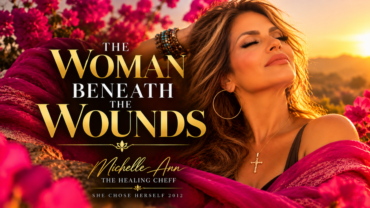 Michelle Ann of The Healing Cheff embraces feminine empowerment and emotional healing with her eyes peacefully closed, surrounded by vibrant fuchsia flowers and golden sunset light. The Woman Beneath the Wounds symbolizes healing feminine energy, trauma recovery, emotional sobriety, self love, spiritual growth, and the journey from survival to inner peace