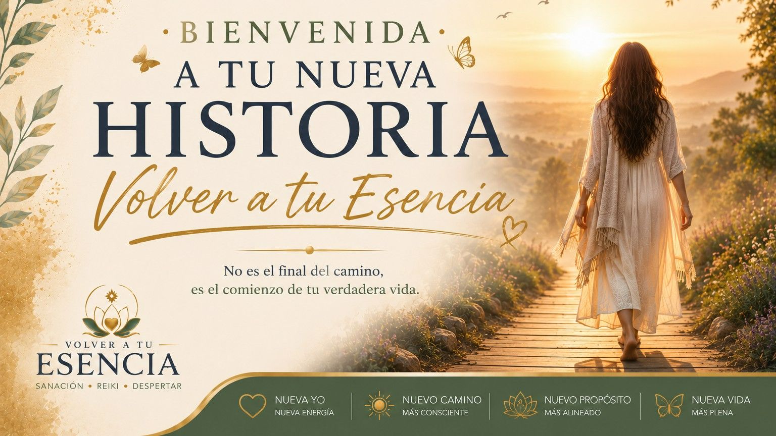 Mujer de pie en la cima de una colina al amanecer contemplando un valle iluminado, símbolo de paz, propósito, equilibrio y una nueva etapa de vida.