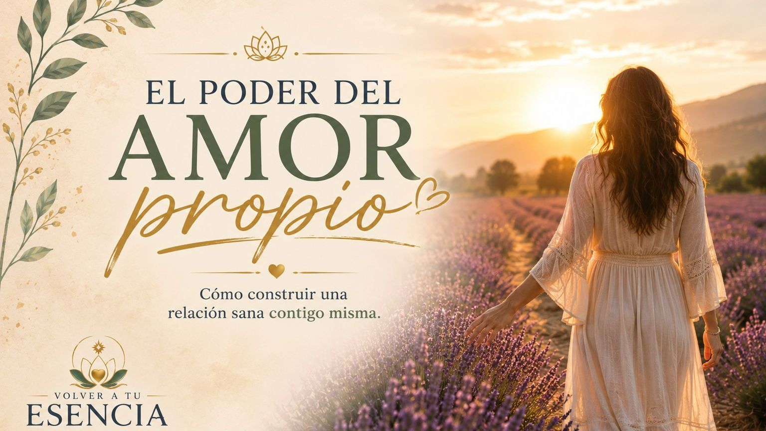 Mujer caminando entre un campo de lavanda al amanecer, mirando el horizonte con serenidad, simbolizando el amor propio, la paz interior y la reconciliación consigo misma.