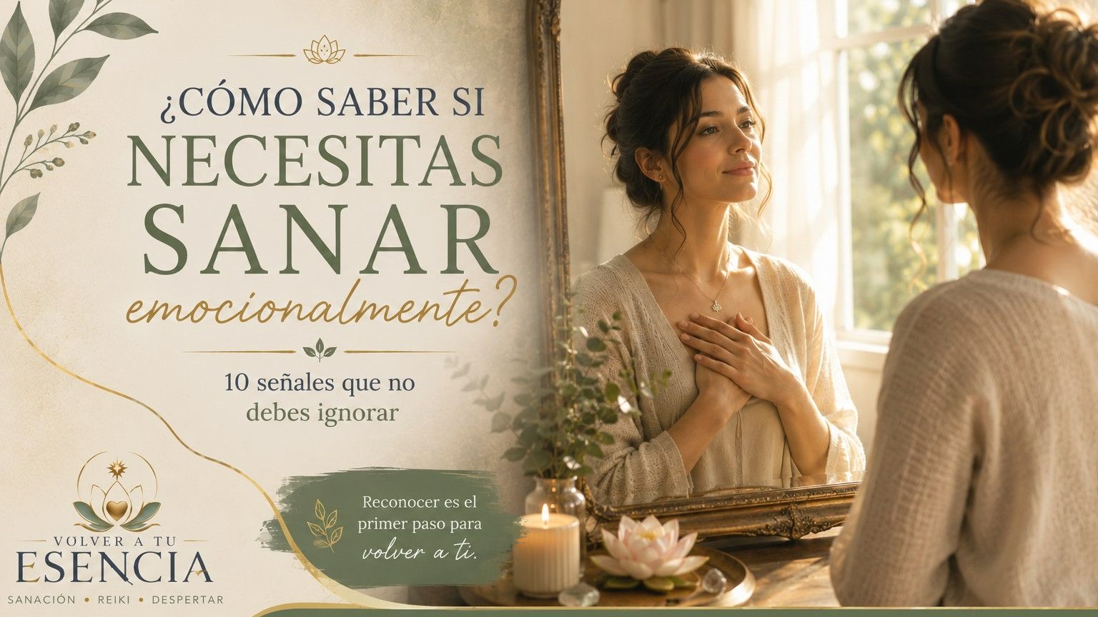 Mujer observándose con serenidad frente a un espejo iluminado por la luz del amanecer, simbolizando la toma de conciencia y el inicio de su sanación emocional.