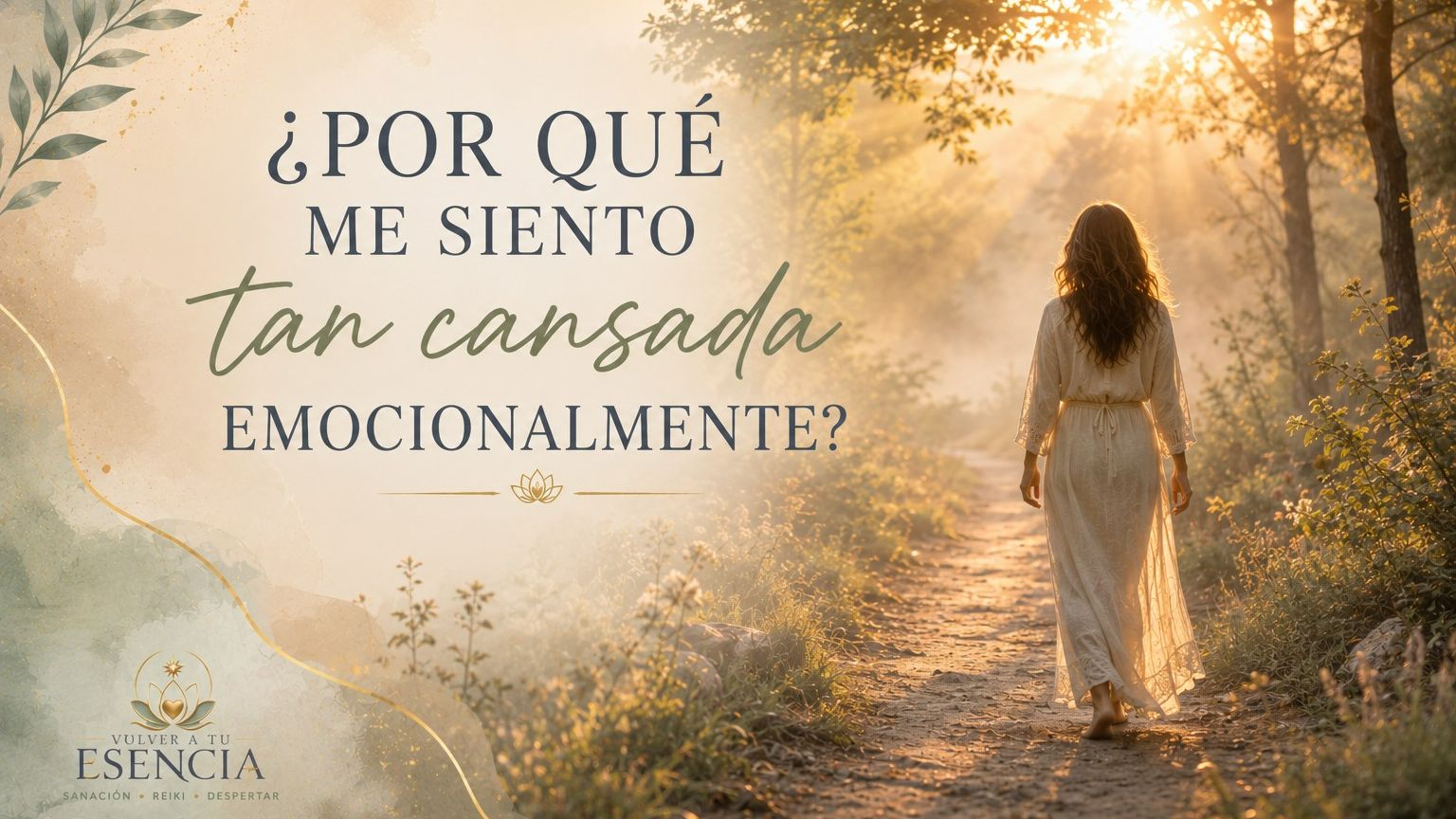 Mujer caminando por un sendero iluminado por el amanecer mientras recupera su energía emocional.