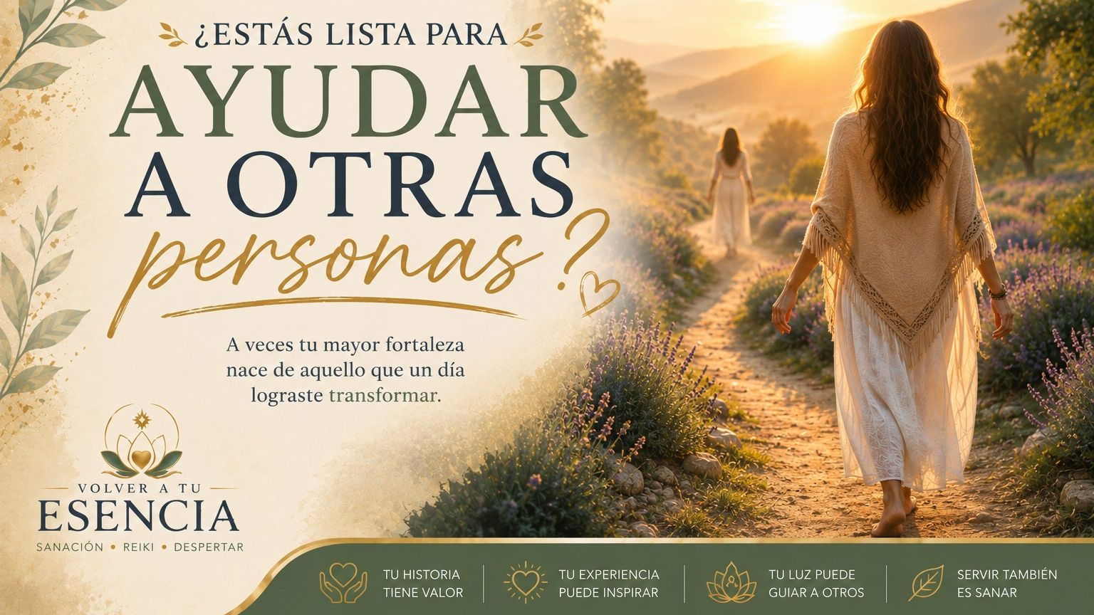 Mujer caminando por un sendero iluminado al amanecer mientras otra mujer comienza a recorrer el mismo camino a la distancia, simbolizando la inspiración, el acompañamiento y el servicio consciente