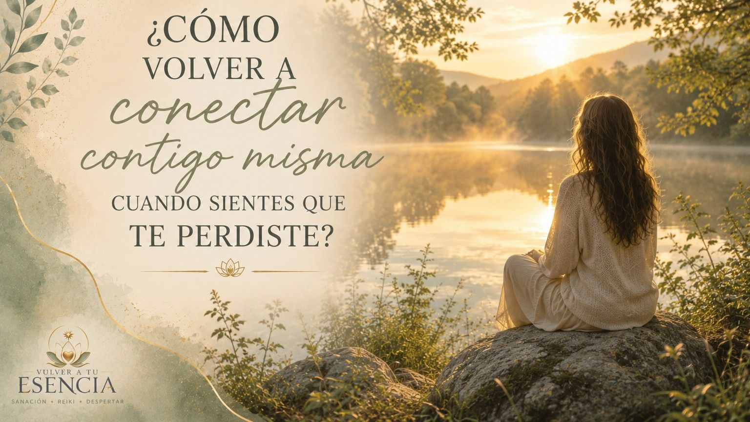 Mujer sentada frente a un lago al amanecer reflexionando mientras inicia el camino para volver a conectar consigo misma.