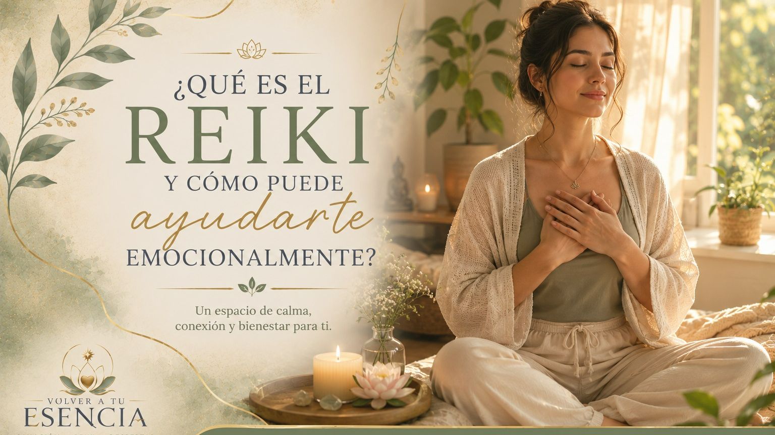 Mujer con las manos sobre el corazón en un ambiente cálido y sereno, representando una sesión de Reiki y un momento de bienestar interior.