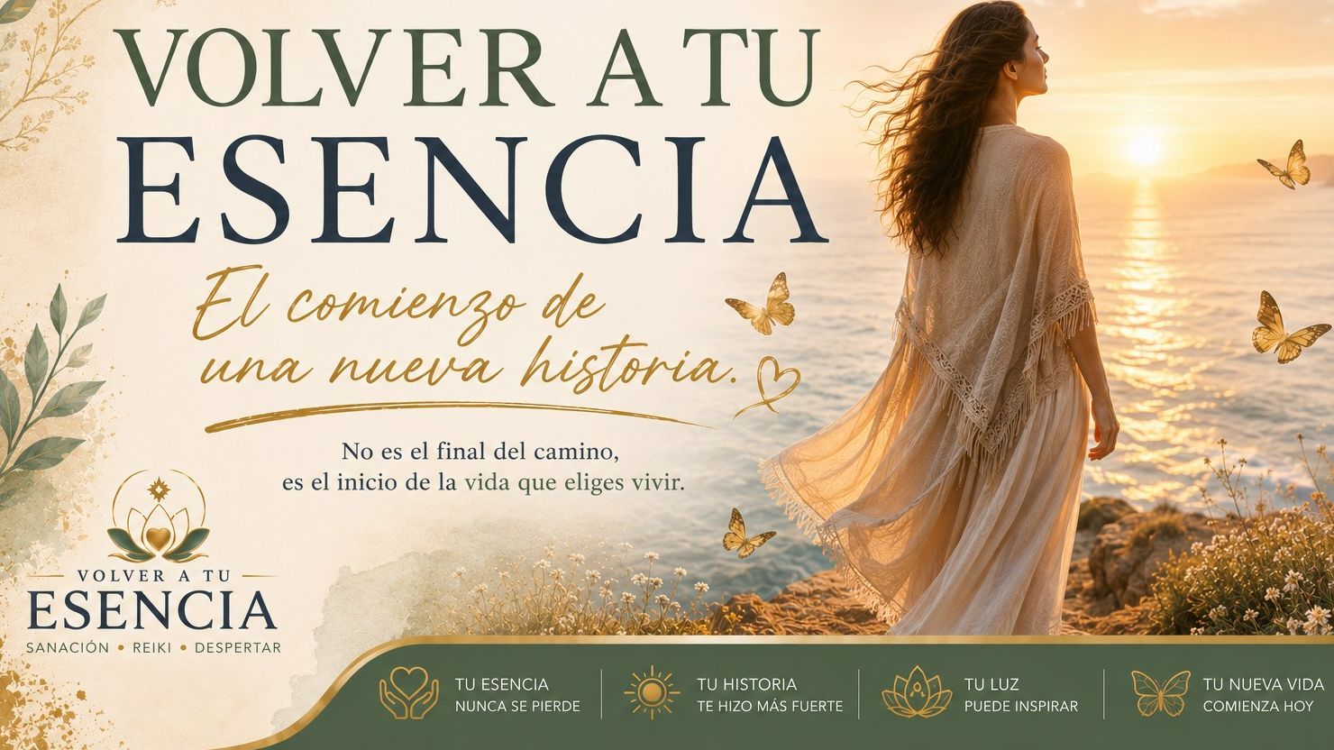 Mujer contemplando el mar al amanecer con mariposas a su alrededor, simbolizando el regreso a su esencia, la paz interior y el comienzo de una nueva historia.