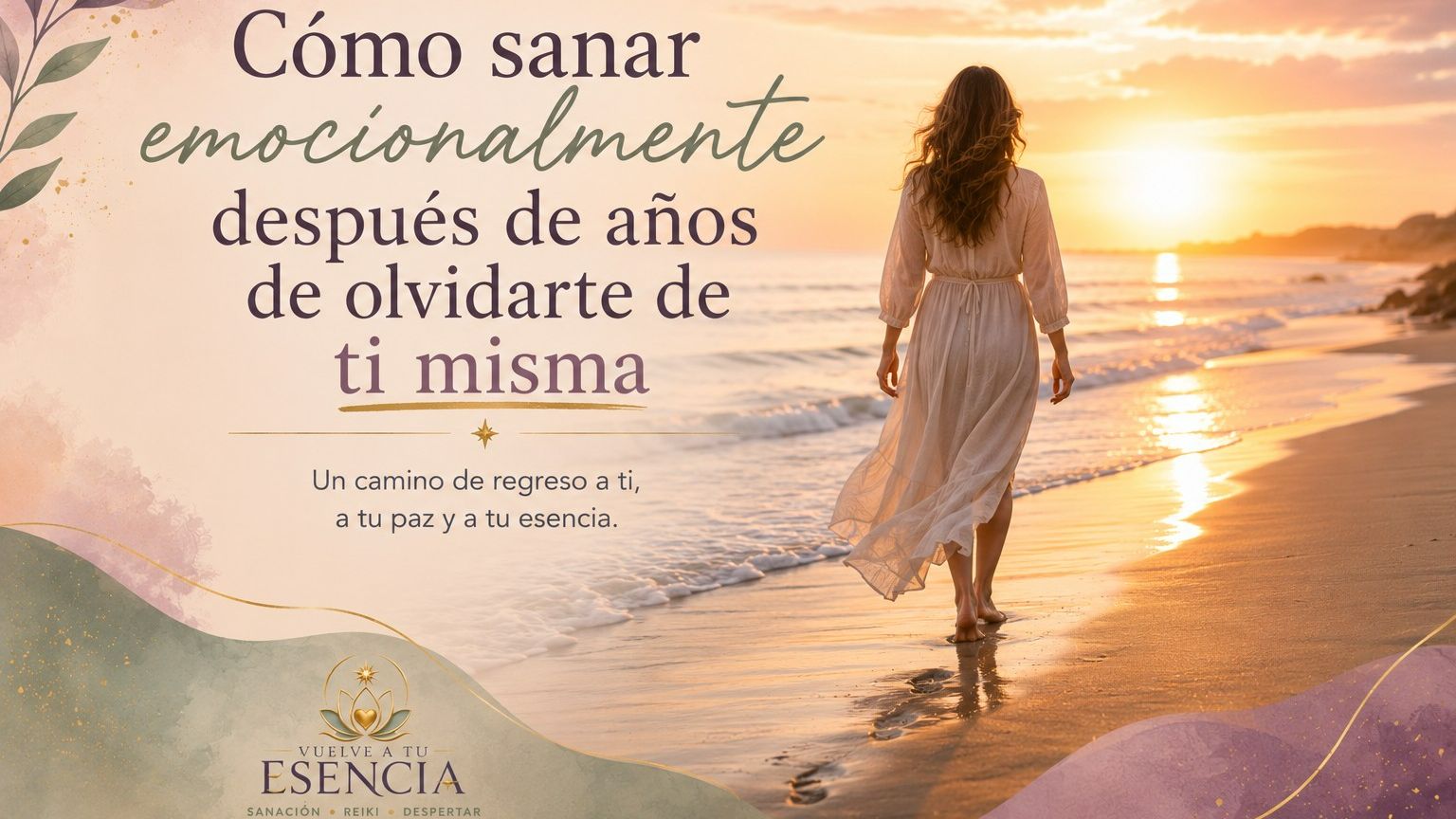 Mujer caminando descalza por la playa al amanecer mientras inicia un proceso de sanación emocional.
