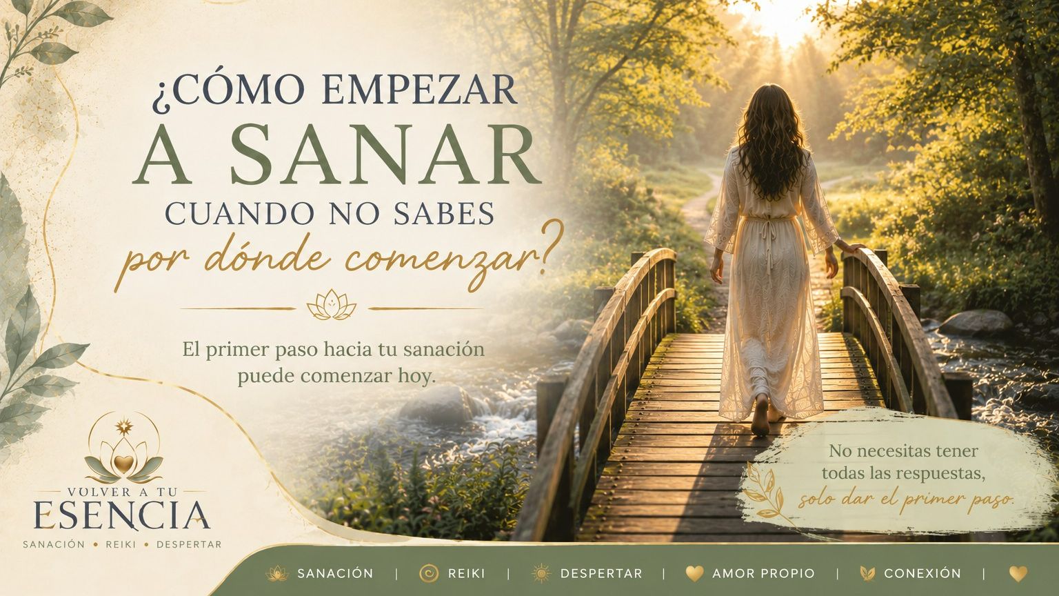 Mujer cruzando un puente de madera al amanecer en medio de un bosque, simbolizando el primer paso hacia su sanación emocional.