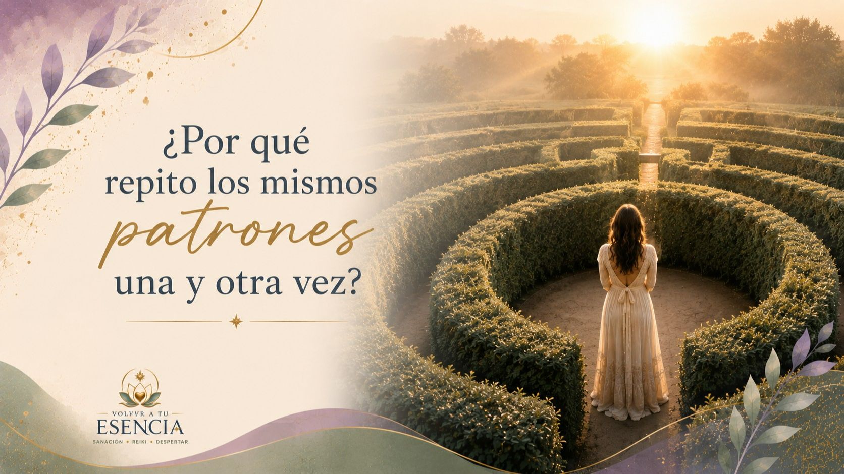Mujer contemplando la salida de un laberinto natural iluminado por el amanecer, simbolizando la toma de conciencia y la transformación de patrones emocionales.