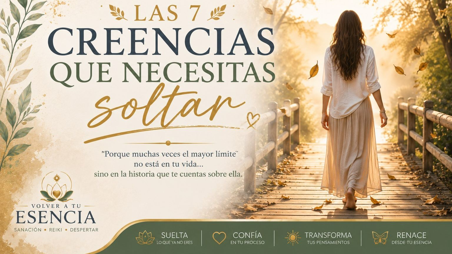 Mujer caminando por un puente de madera al amanecer, dejando atrás hojas secas y avanzando hacia un bosque lleno de luz, simbolizando la liberación de creencias limitantes