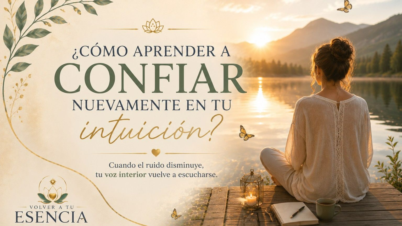 Mujer sentada en un muelle frente a un lago tranquilo al amanecer, observando el reflejo del agua como símbolo de conexión interior y confianza en sí misma.