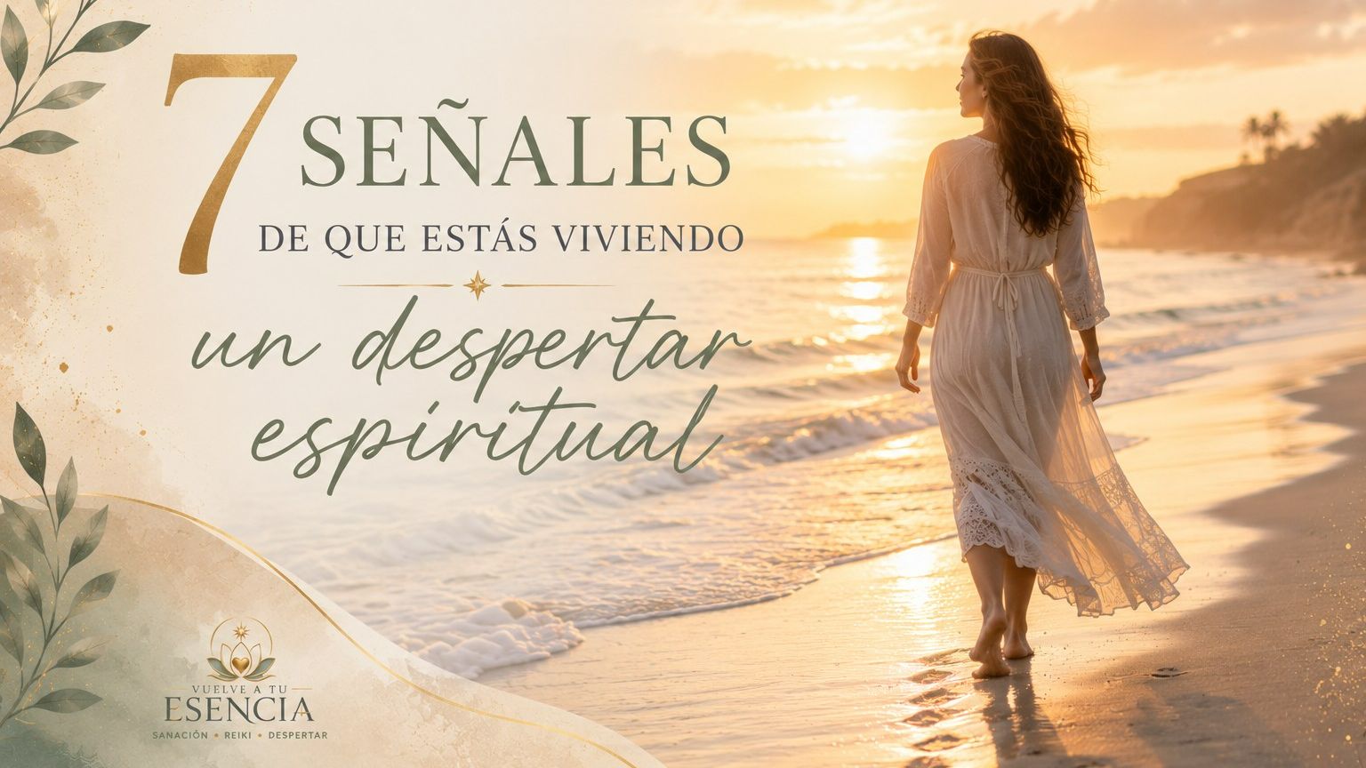 Mujer caminando descalza por la playa al amanecer simbolizando el inicio de un despertar espiritual.