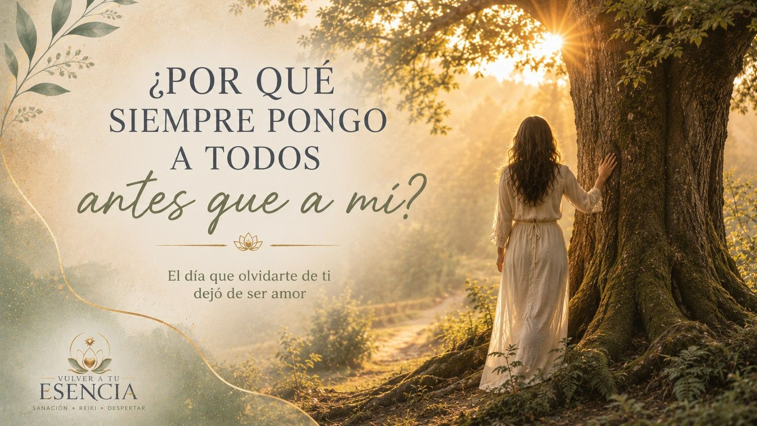 Mujer apoyando una mano sobre un árbol centenario al amanecer, simbolizando el regreso a sus raíces y el amor propio.