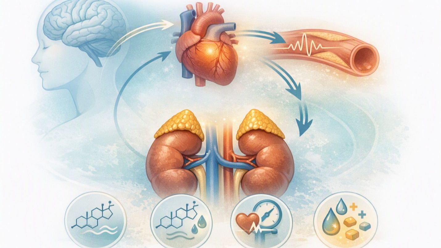  Medical diagram showing the adrenal glands on top of the kidneys, illustrating where cortisol and aldosterone hormones are produced to regulate blood pressure and potassium.