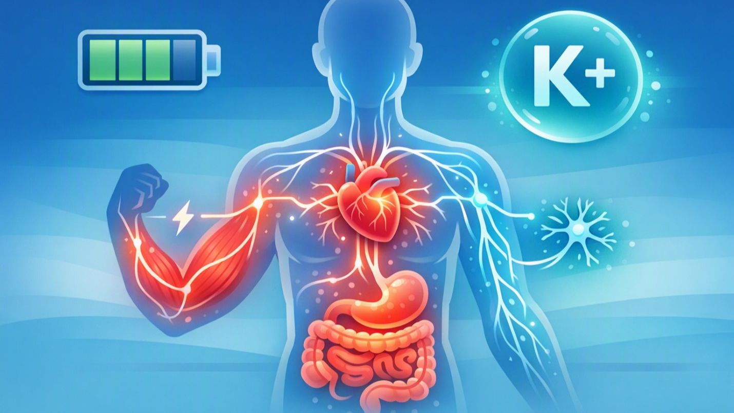 medical illustration of a human heart showing electrical pathways and potassium ions inside cardiac cells