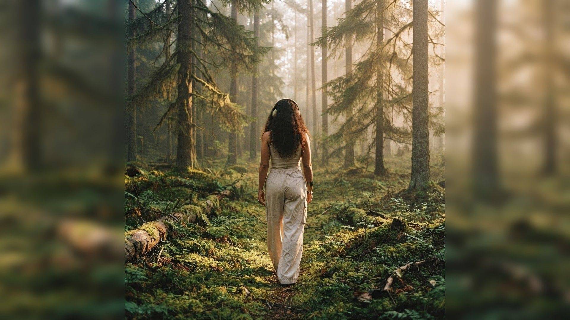 Woman with long curly hair and headphones walking through a misty forest path.