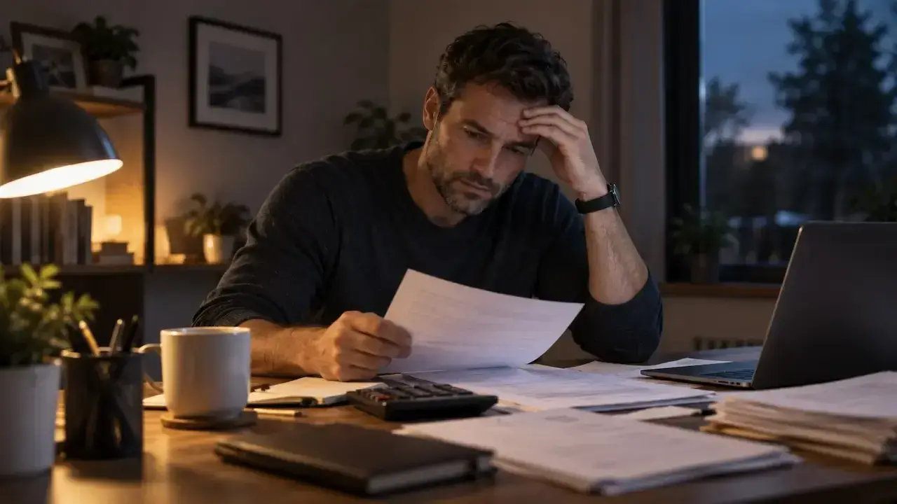Man reviewing financial paperwork at a desk, working out entitlement in a UK divorce settlement