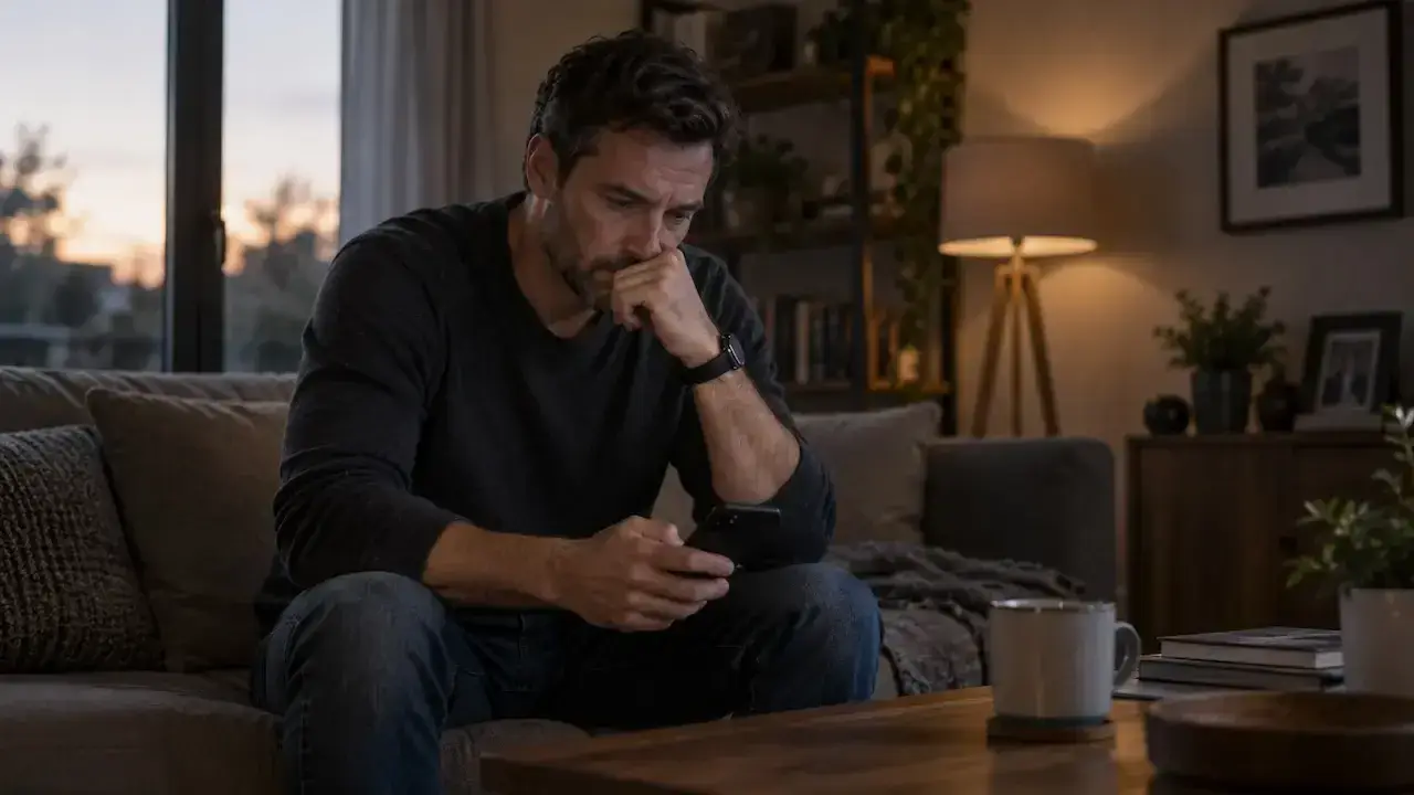 Man sitting on a sofa holding his phone after hearing about a 70/30 divorce asset split