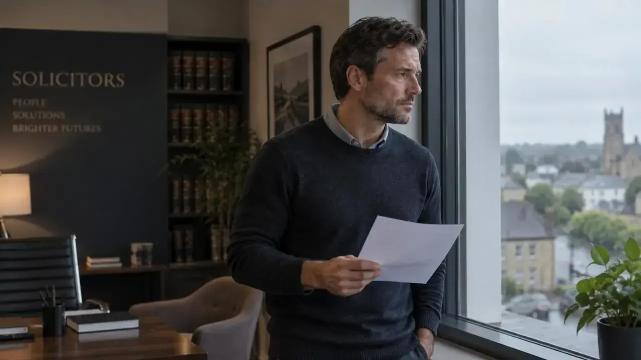 Man standing by a window holding a letter, reacting to an unfair UK divorce settlement